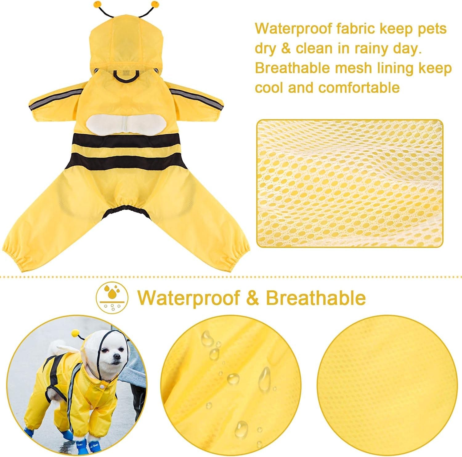 Dog Raincoat Waterproof Pets Rain Jacket Reflective Straps Rain Poncho Clothes with Leash Hole for Large Medium Small Puppy Dog Bee/M