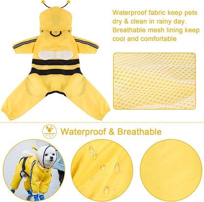 Dog Raincoat Waterproof Pets Rain Jacket Reflective Straps Rain Poncho Clothes with Leash Hole for Large Medium Small Puppy Dog Bee/M