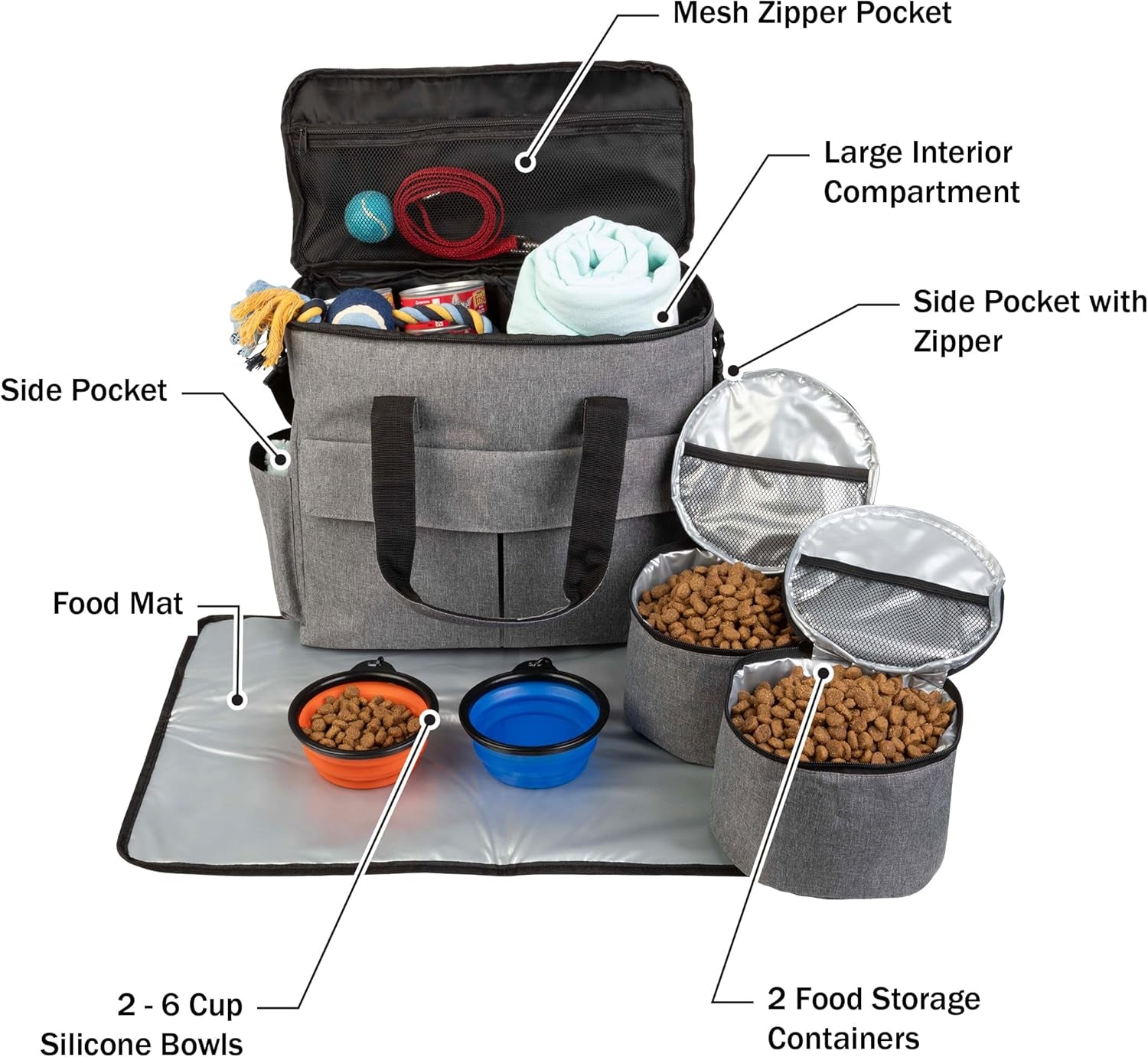 Dog Travel Bag - Cat and Dog Storage Organizer with Pockets, Mat, 2 Food Containers, and 2 Large Collapsible Travel Dog Bowls by  (Gray)