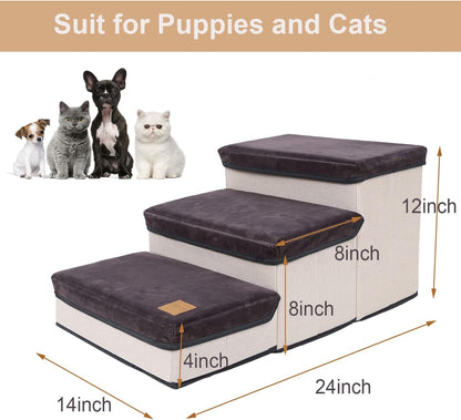 Dog Stairs Steps, Foldable Pet Stairs Dog Steps for High Beds, 3-Layer Pet Storage Stepper Pet Steps for Small Dogs Cats (Dark Grey)