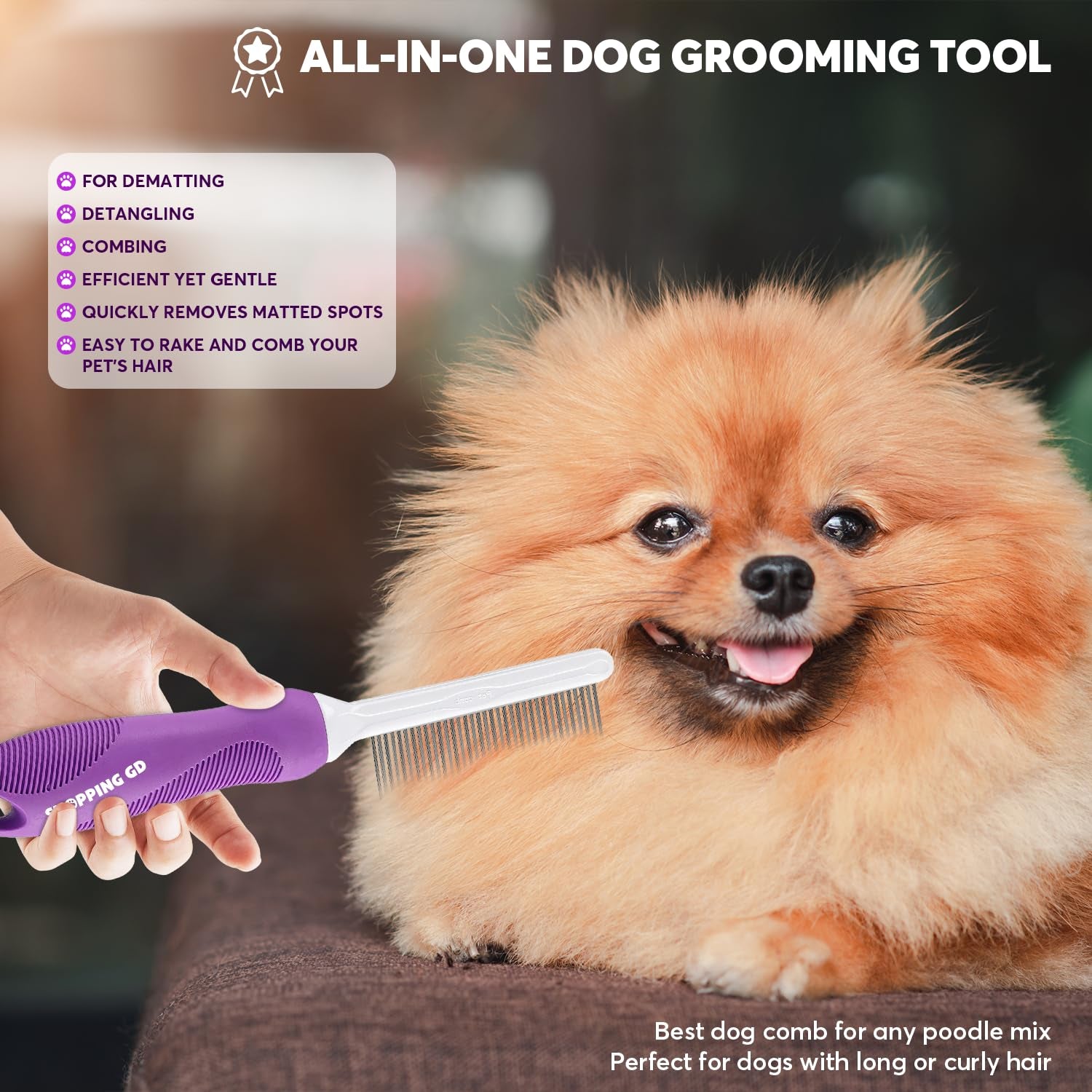 Detangling Pet Comb for Dogs & Cats with Long & Short Stainless Steel Metal Teet