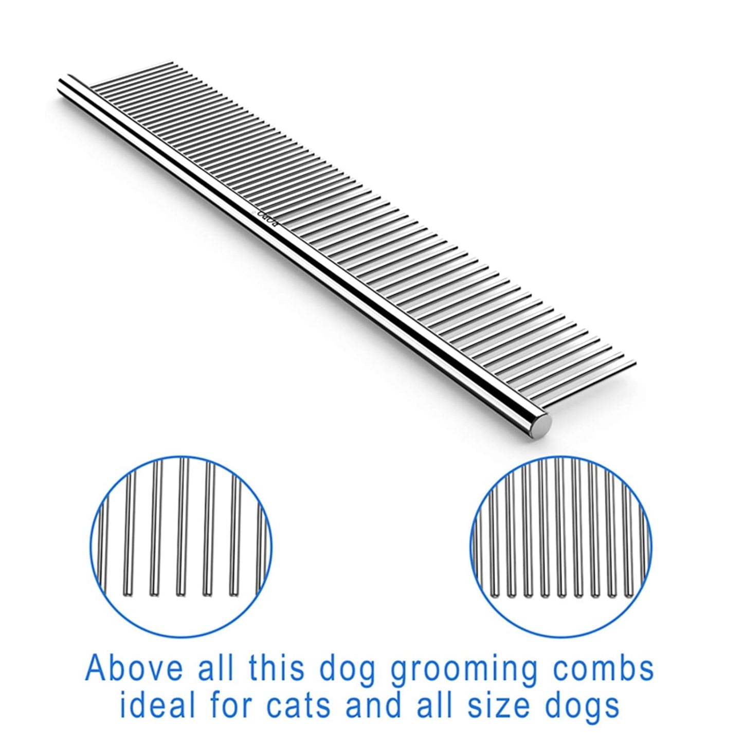Dog Comb for Removing Matted Fur - Pet Dematting Comb with Rounded Teeth and Non-Slip Grip Handle - Prevents Knots and Mats for Long and Short Haired Pets (Round Handle, Bright Silver)