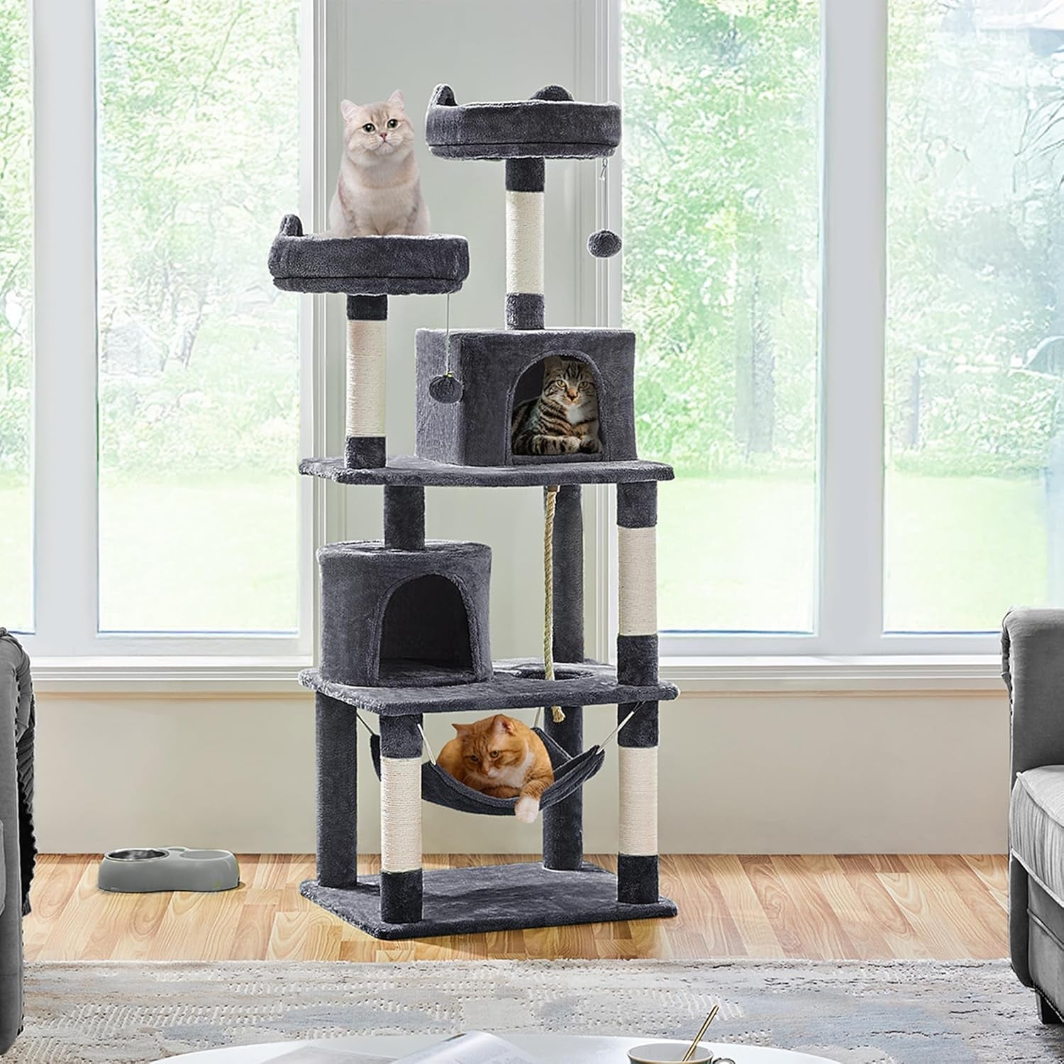 62.5Inches Cat Tree Cat Tower Cat Condo with Platform & Hammock, Scratching Posts for Kittens Pet Play House with Plush Perch for Indoor Activity Relaxing, Dark Gray