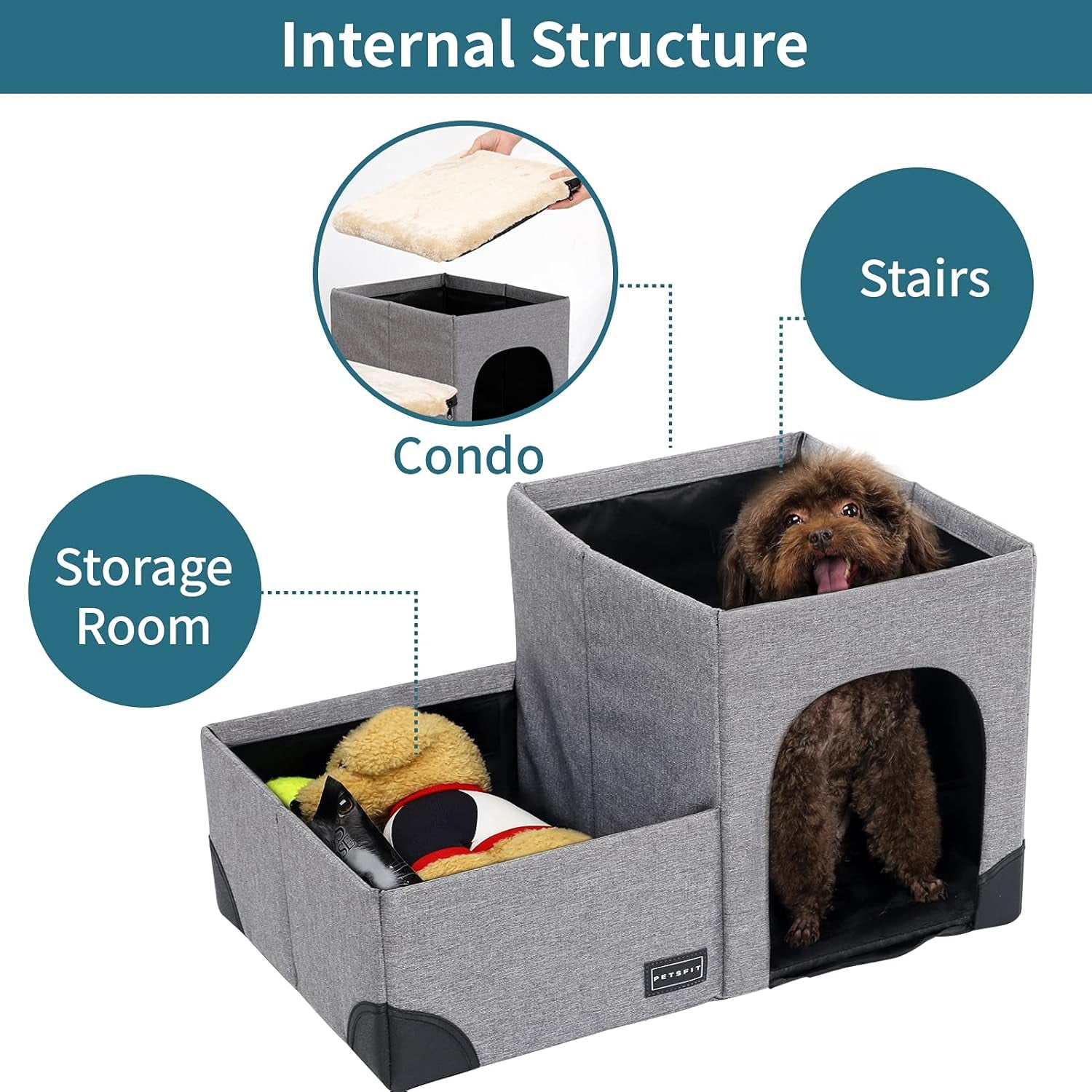 Cat Steps 3 in 1 Multi-Use with Storage Room, Dog Lounge Design, Washable and Removable Non-Slip Fleece Cover Dog Steps for Bed, Gray Linen