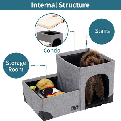 Cat Steps 3 in 1 Multi-Use with Storage Room, Dog Lounge Design, Washable and Removable Non-Slip Fleece Cover Dog Steps for Bed, Gray Linen