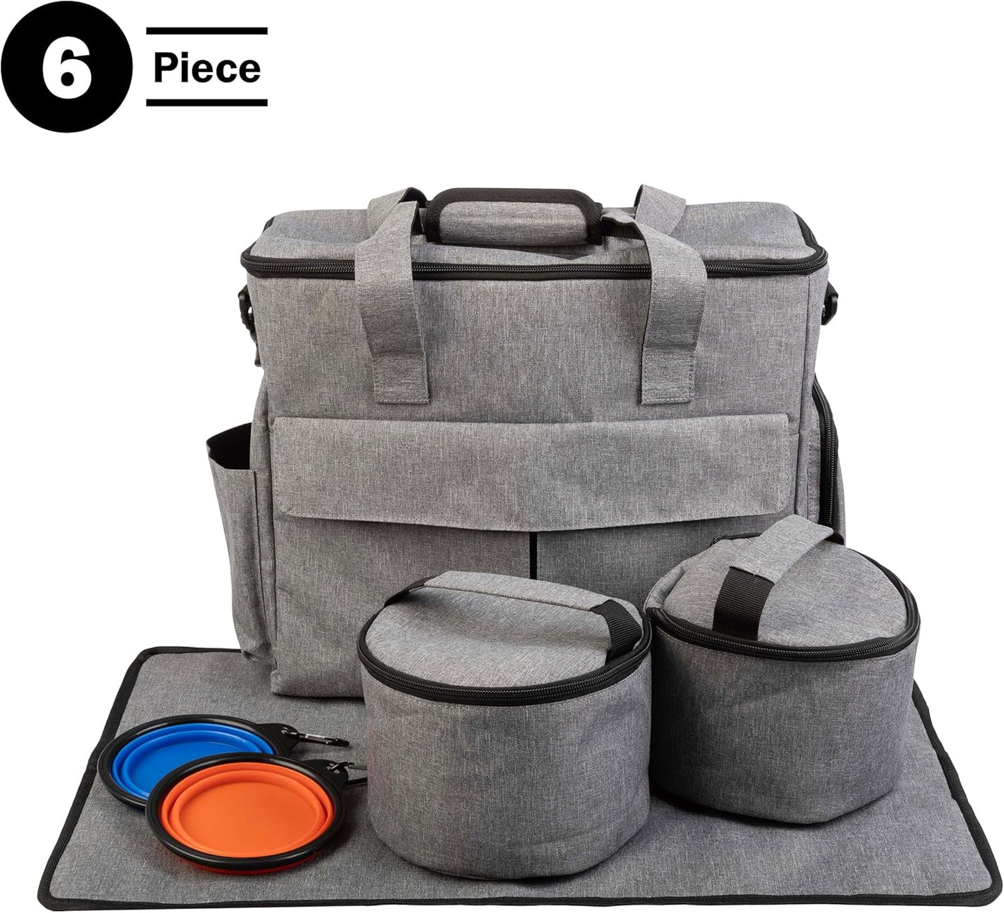 Dog Travel Bag - Cat and Dog Storage Organizer with Pockets, Mat, 2 Food Containers, and 2 Large Collapsible Travel Dog Bowls by  (Gray)