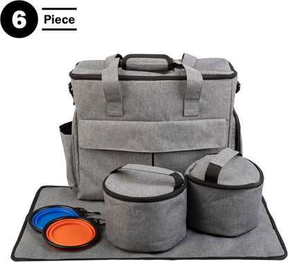 Dog Travel Bag - Cat and Dog Storage Organizer with Pockets, Mat, 2 Food Containers, and 2 Large Collapsible Travel Dog Bowls by  (Gray)
