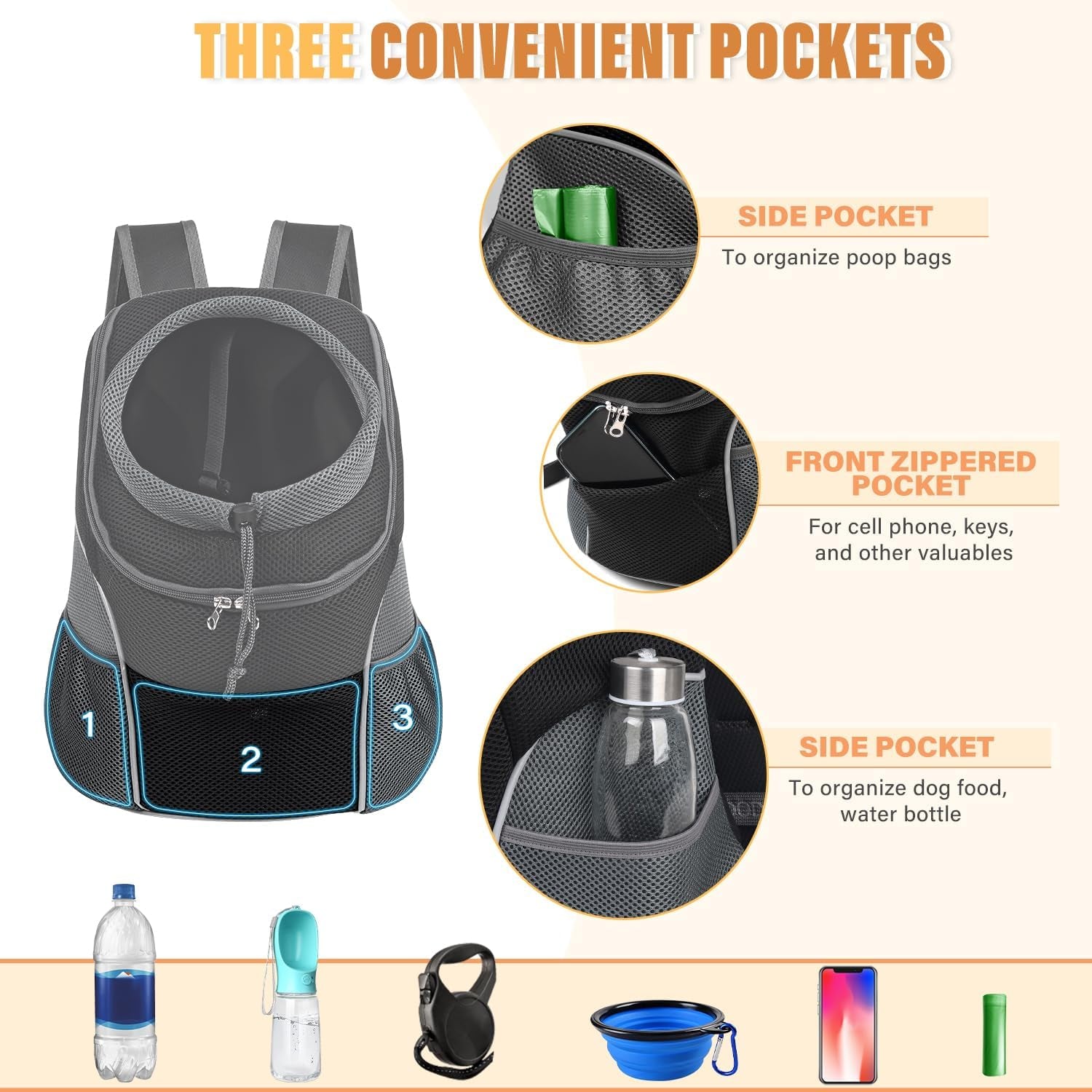Dog Front Carrier Backpack, Adjustable Breathable Pet Carrier for Small Dogs, Ventilated Puppy Back Pack with Safety Belt, Lightweight Doggy Backpack for Hiking Outdoor (Black, M: 4.5-9 Lbs)