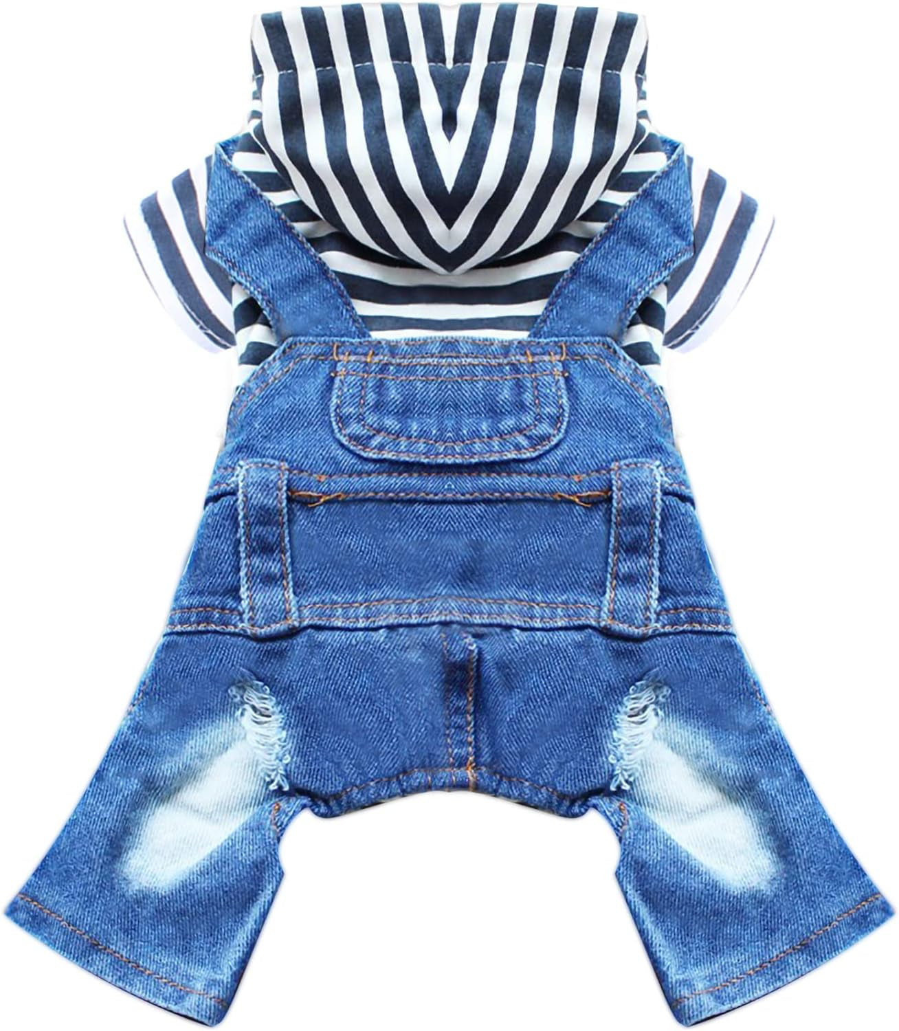 Small Dog Hoodie Clothes Cute Stripe Shirts Denim Jumpsuit One-Piece Outfit for Small Medium Dogs Cats Boy Girl Chihuahua Blue Jeans Overalls Puppy Costume (Blue,Xs)