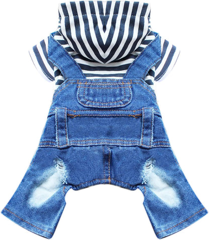 Small Dog Hoodie Clothes Cute Stripe Shirts Denim Jumpsuit One-Piece Outfit for Small Medium Dogs Cats Boy Girl Chihuahua Blue Jeans Overalls Puppy Costume (Blue,Xs)