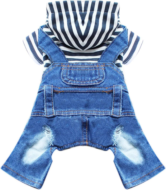 Small Dog Hoodie Clothes Cute Stripe Shirts Denim Jumpsuit One-Piece Outfit for Small Medium Dogs Cats Boy Girl Chihuahua Blue Jeans Overalls Puppy Costume (Blue,Xs)