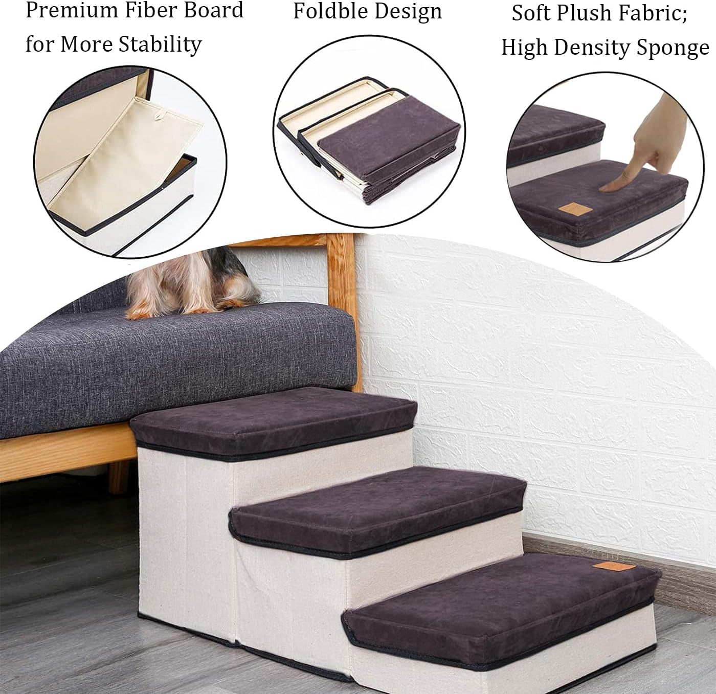 Dog Stairs Steps, Foldable Pet Stairs Dog Steps for High Beds, 3-Layer Pet Storage Stepper Pet Steps for Small Dogs Cats (Dark Grey)