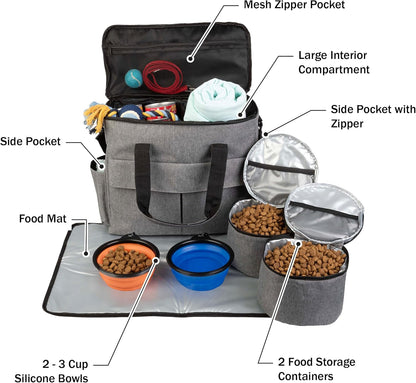 Dog Travel Bag - Cat and Dog Storage Organizer with Pockets, Mat, 2 Food Containers, and 2 Large Collapsible Travel Pet Bowls by  (Gray)