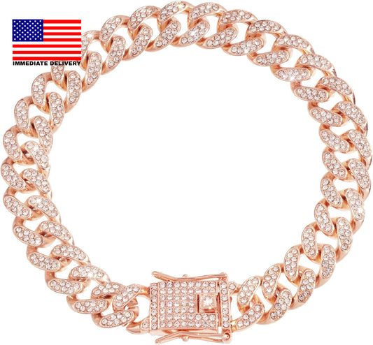 Dog Chain Cuban Diamond Link Rose Gold Pink Crystal Collar Jewelry Accessories P