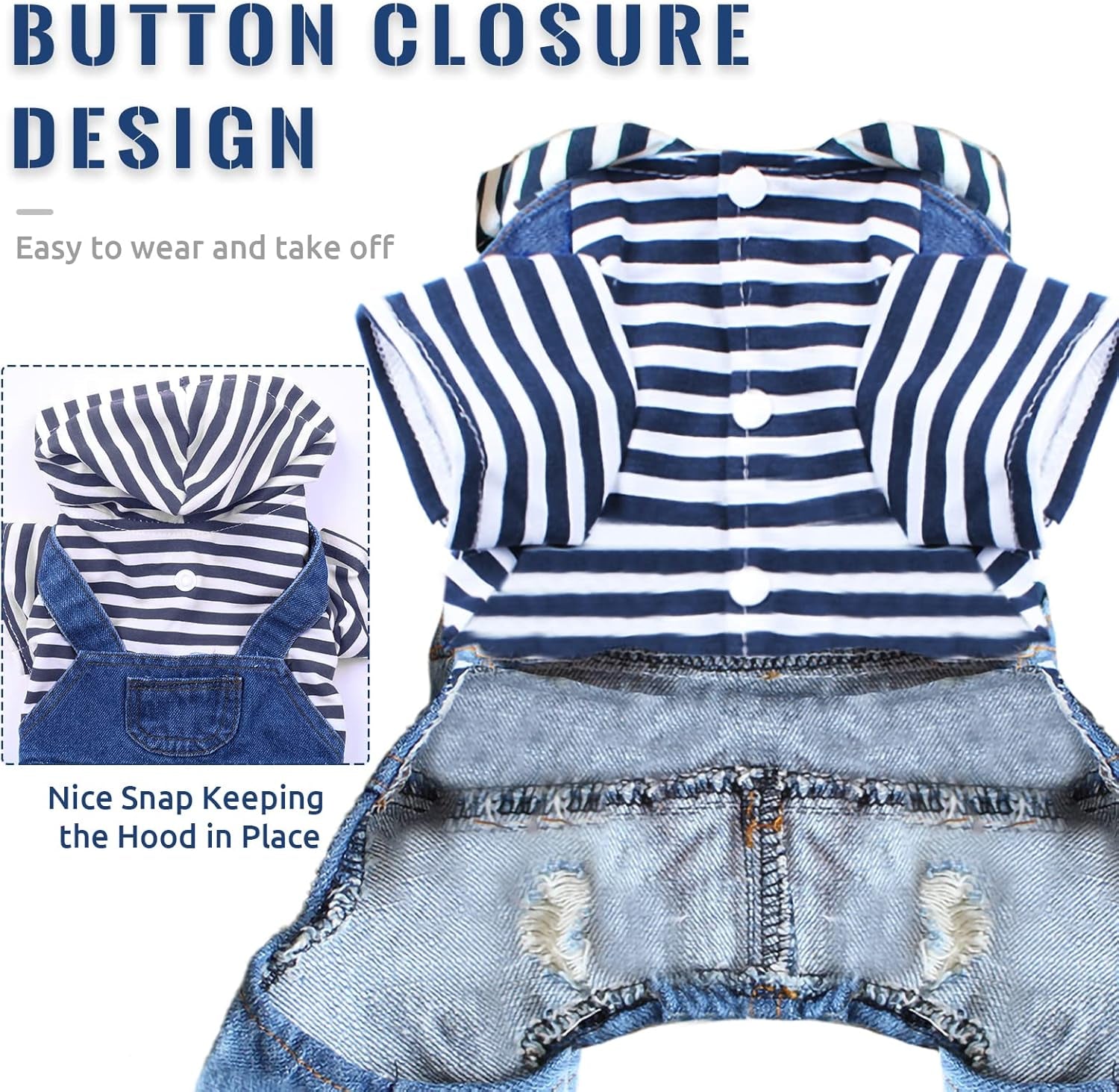 Small Dog Hoodie Clothes Cute Stripe Shirts Denim Jumpsuit One-Piece Outfit for Small Medium Dogs Cats Boy Girl Chihuahua Blue Jeans Overalls Puppy Costume (Blue,Xs)