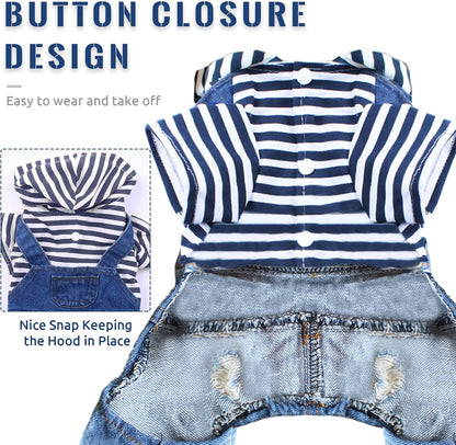 Small Dog Hoodie Clothes Cute Stripe Shirts Denim Jumpsuit One-Piece Outfit for Small Medium Dogs Cats Boy Girl Chihuahua Blue Jeans Overalls Puppy Costume (Blue,Xs)