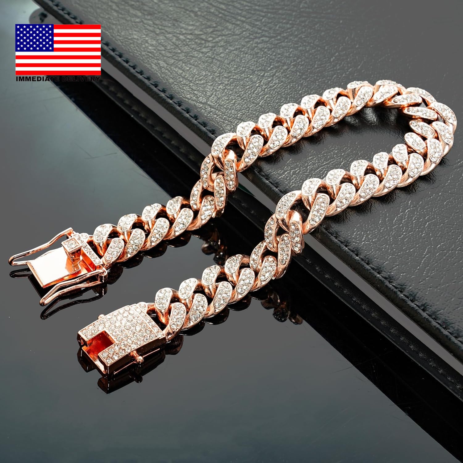 Dog Chain Cuban Diamond Link Rose Gold Pink Crystal Collar Jewelry Accessories P