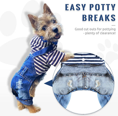 Small Dog Hoodie Clothes Cute Stripe Shirts Denim Jumpsuit One-Piece Outfit for Small Medium Dogs Cats Boy Girl Chihuahua Blue Jeans Overalls Puppy Costume (Blue,Xs)