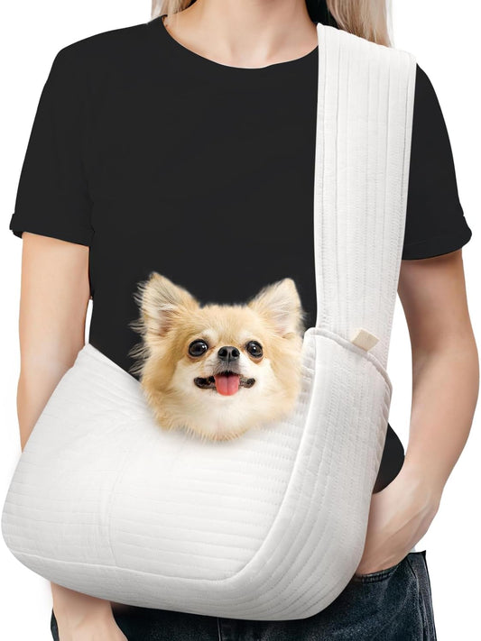 Dog Sling Carrier for Small Dogs Cats, Ultra-Comfortable Dog Carrier Sling up to 10Lbs, Hand-Free Widened Strap Dog Purse for Cat & Puppy, Dog Pouch Carrier Built-In Safety Leash (White)