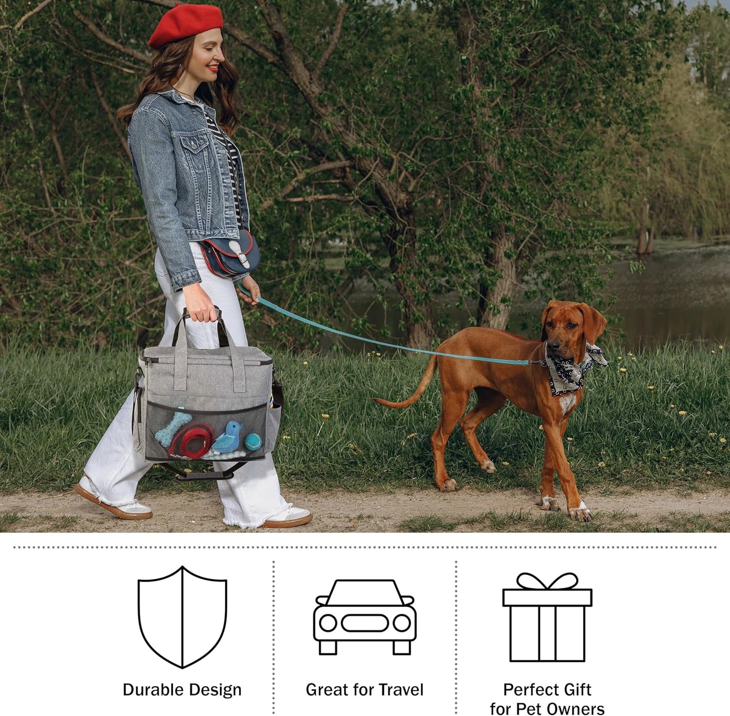 Dog Travel Bag - Cat and Dog Storage Organizer with Pockets, Mat, 2 Food Containers, and 2 Large Collapsible Travel Pet Bowls by  (Gray)