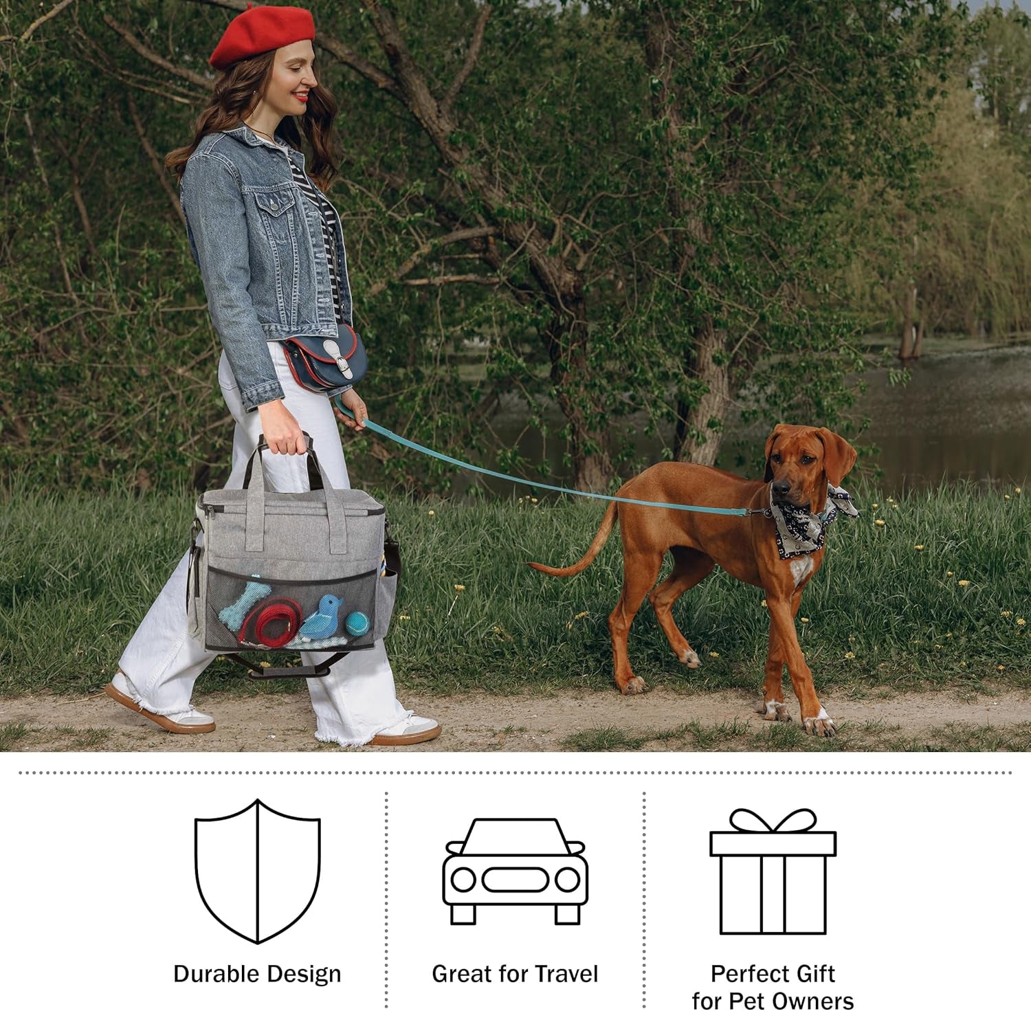 Dog Travel Bag - Cat and Dog Storage Organizer with Pockets, Mat, 2 Food Containers, and 2 Large Collapsible Travel Pet Bowls by  (Gray)