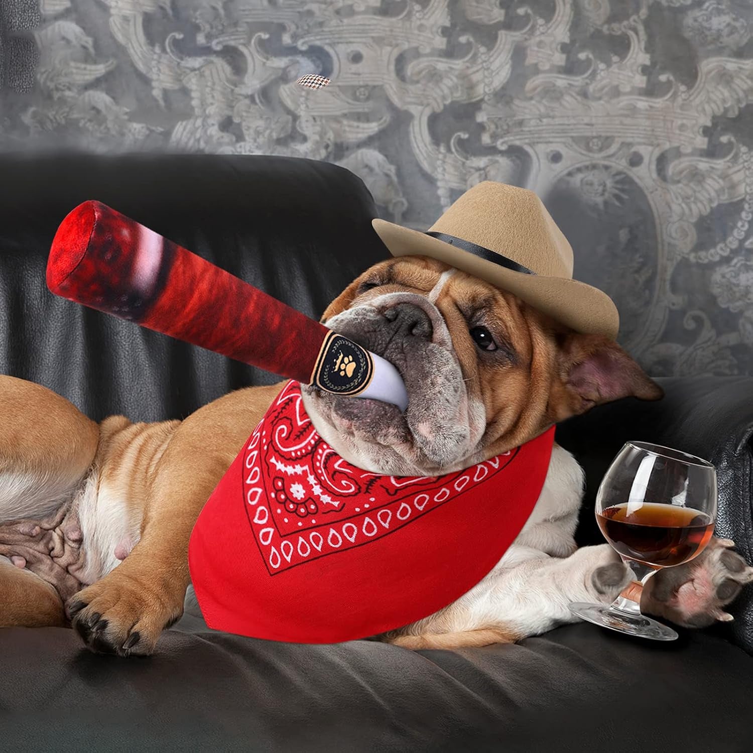 3 Pieces Funny Dog Toys Cool Squeaky Dog Toys Pet Cowboy Costume Cute Pet Dog Cat Hat Bandana Scarf Costume Set for Halloween Christmas Holiday Festival Daily Wearing (Red)
