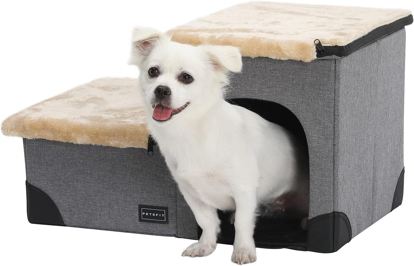 Cat Steps 3 in 1 Multi-Use with Storage Room, Dog Lounge Design, Washable and Removable Non-Slip Fleece Cover Dog Steps for Bed, Gray Linen