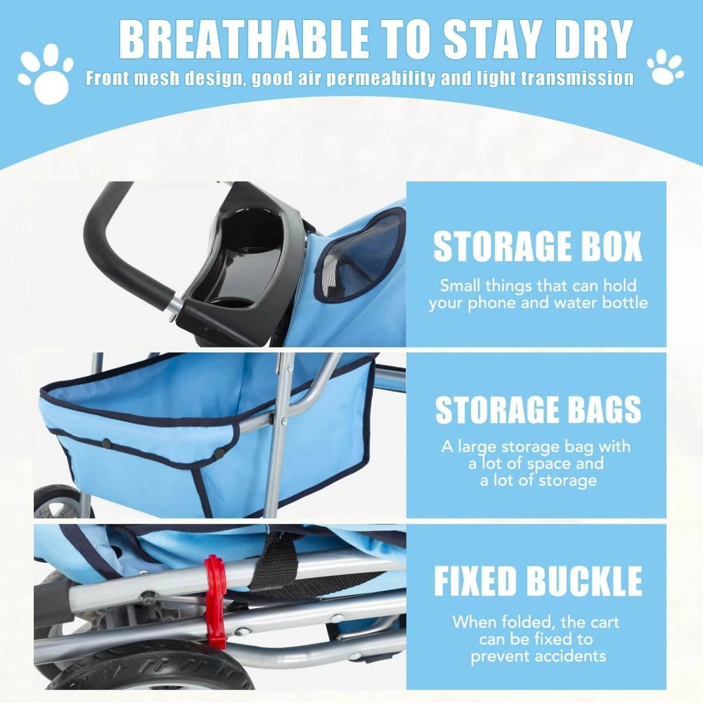 4 Wheels Pet Stroller Foldable Dog Stroller Cat Stroller with Cup Holders& Storage Basket for Small Medium Dogs, Blue