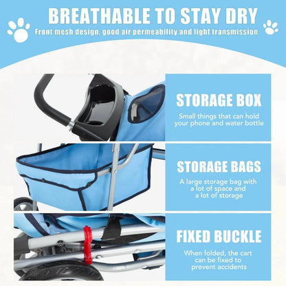 4 Wheels Pet Stroller Foldable Dog Stroller Cat Stroller with Cup Holders& Storage Basket for Small Medium Dogs, Blue