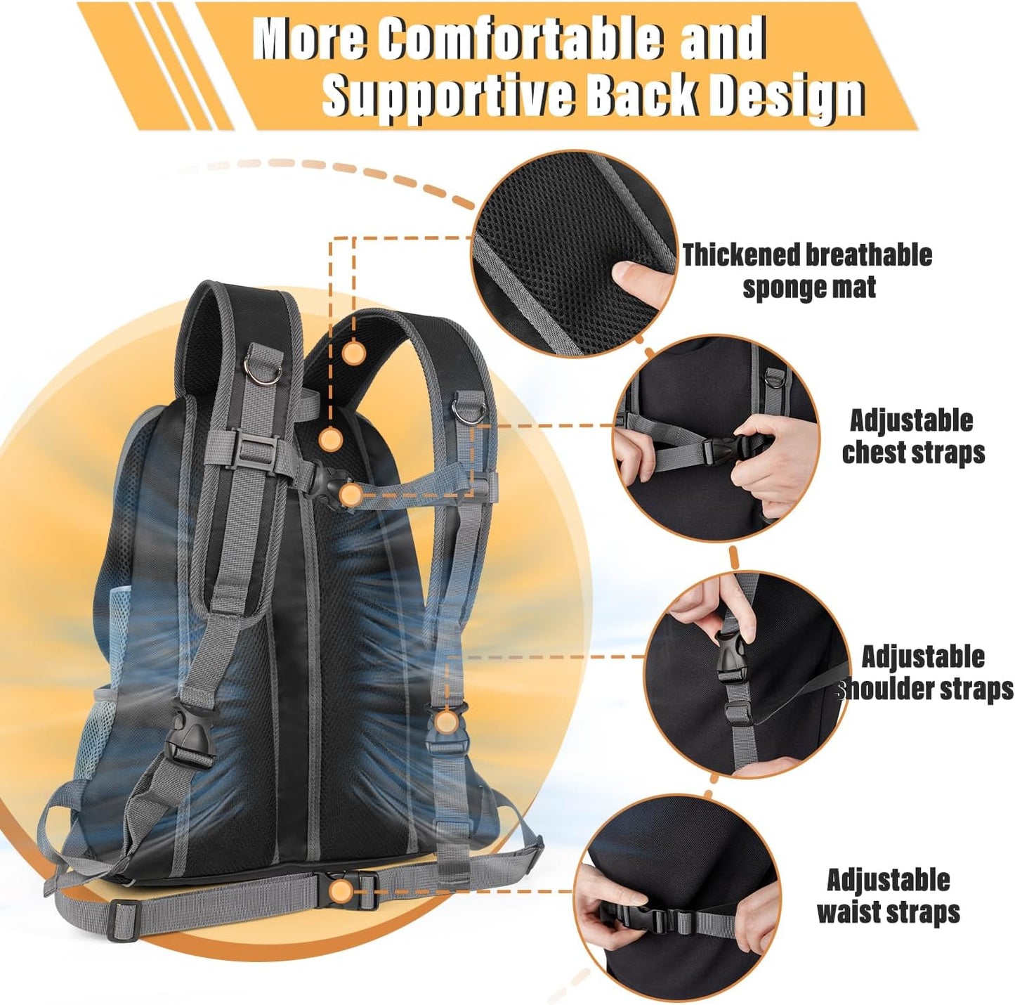 Dog Front Carrier Backpack, Adjustable Breathable Pet Carrier for Small Dogs, Ventilated Puppy Back Pack with Safety Belt, Lightweight Doggy Backpack for Hiking Outdoor (Black, M: 4.5-9 Lbs)