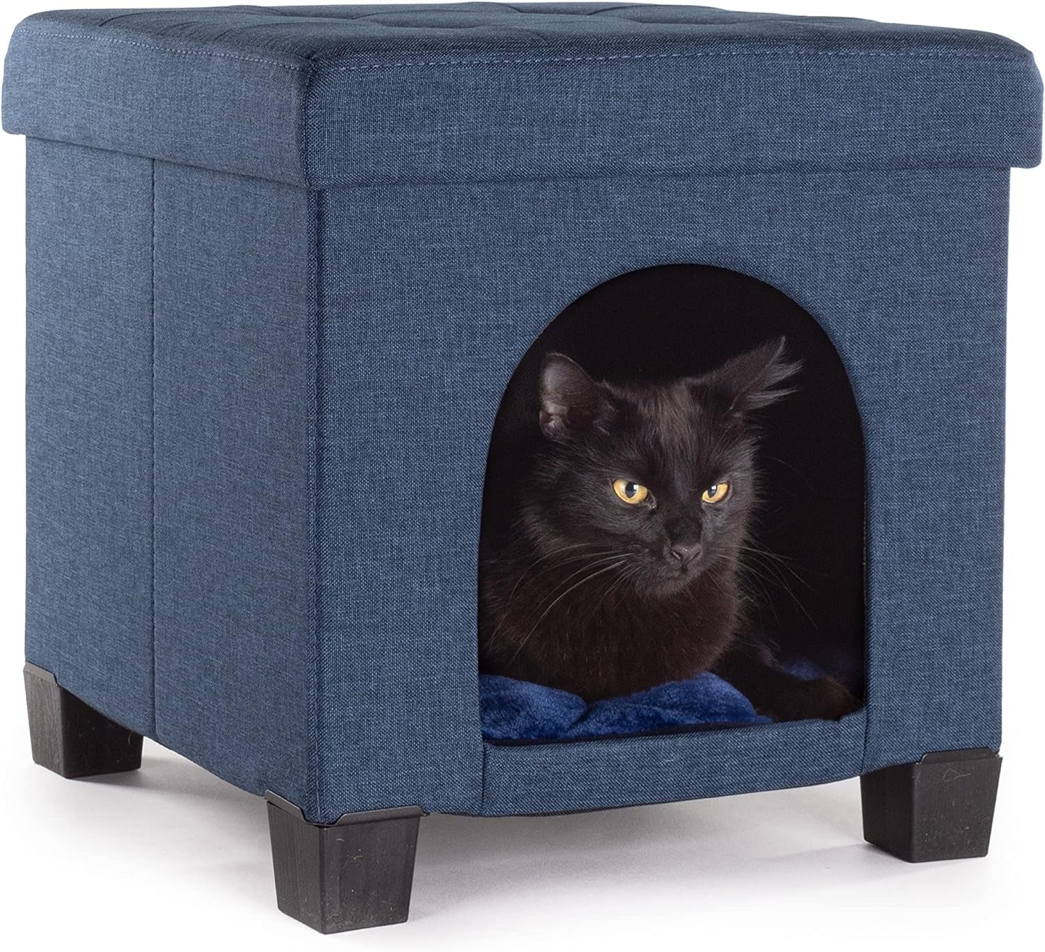 Cat Bed - Unique Pet House Ottoman with Tray Table - Folding Footrest Seat - Large Cat Cube Condo - Pet Beds for Cats and Small Dogs with Fully Washable Mat - Navy Cube 15.75X15.75