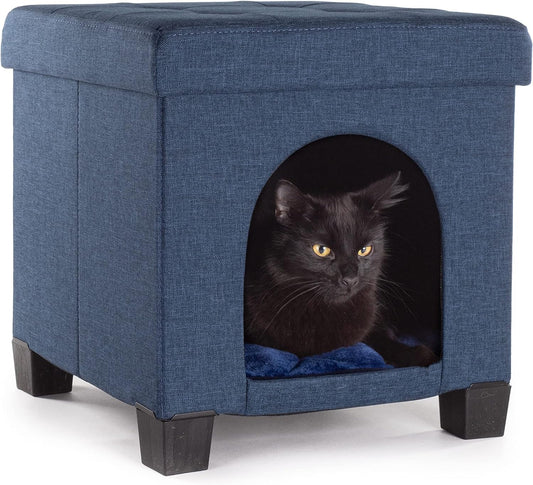Cat Bed - Unique Pet House Ottoman with Tray Table - Folding Footrest Seat - Large Cat Cube Condo - Pet Beds for Cats and Small Dogs with Fully Washable Mat - Navy Cube 15.75X15.75