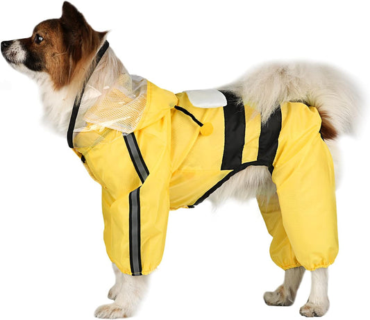 Dog Raincoat Waterproof Pets Rain Jacket Reflective Straps Rain Poncho Clothes with Leash Hole for Large Medium Small Puppy Dog Bee/M