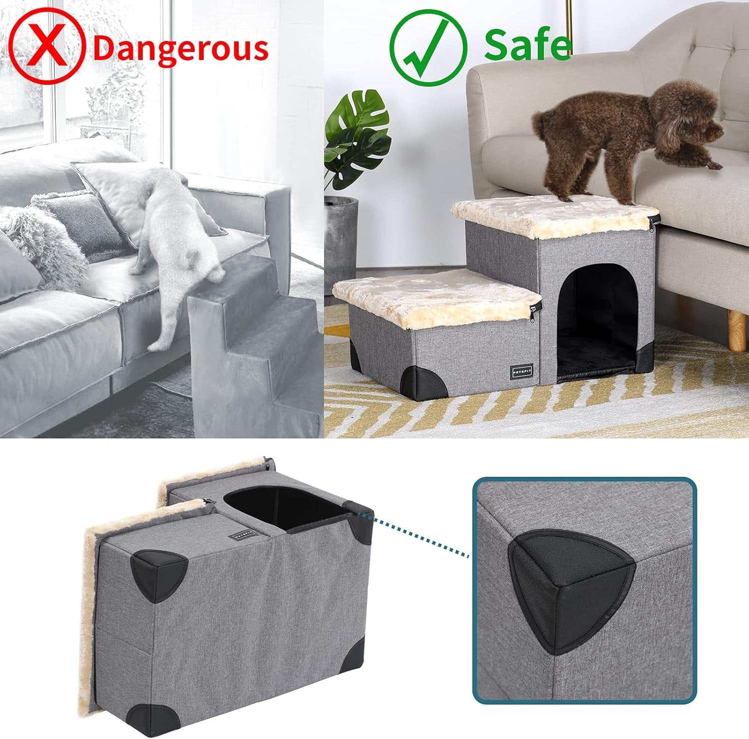 Cat Steps 3 in 1 Multi-Use with Storage Room, Dog Lounge Design, Washable and Removable Non-Slip Fleece Cover Dog Steps for Bed, Gray Linen