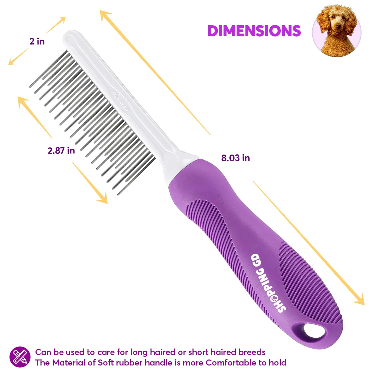 Detangling Pet Comb for Dogs & Cats with Long & Short Stainless Steel Metal Teet
