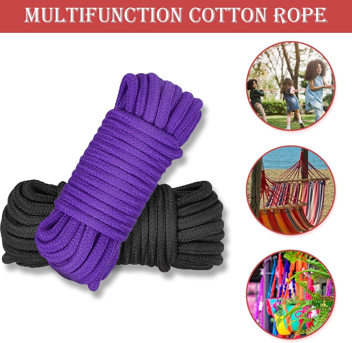 TONG&YA 2 Pack Soft Cotton Rope, Multipurpose Durable Long Rope Craft Colored Rope, 32 Feet10M Soft Twisted Cotton Knot Tying Rope Cord, Utility Braided Cotton Rope (Black+Red)
