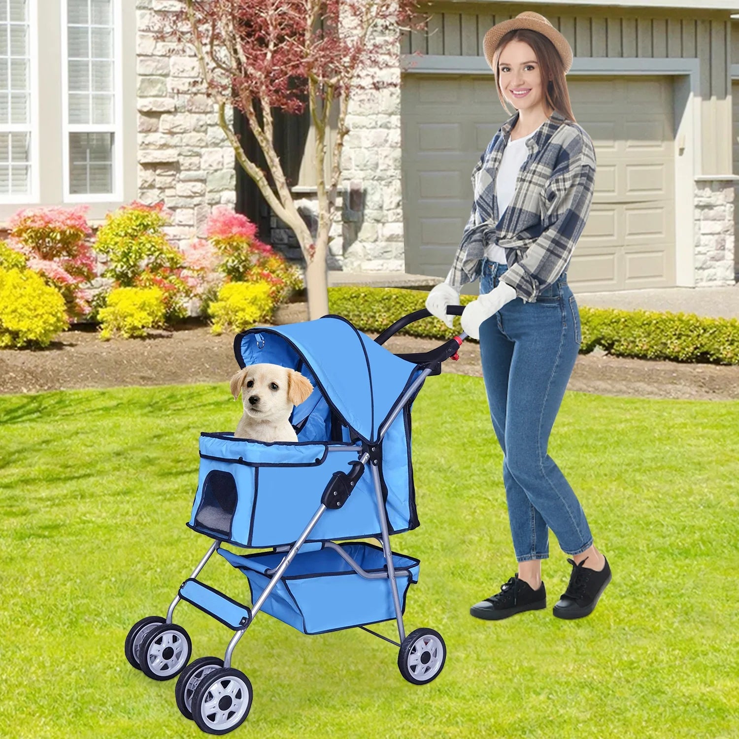 4 Wheels Pet Stroller Foldable Dog Stroller Cat Stroller with Cup Holders& Storage Basket for Small Medium Dogs, Blue