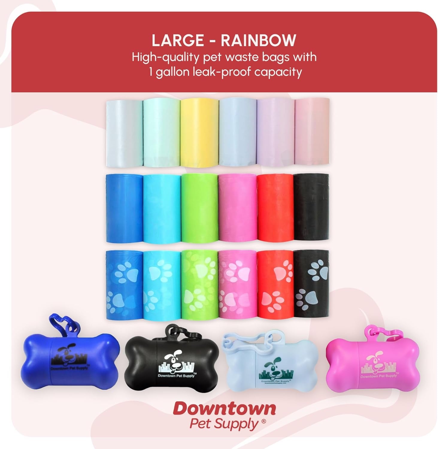 Unscented Poop Bags for Dogs with Dispenser, 500 Count - Leak-Proof Dog Waste Bags and Bone-Shaped Dog Poop Bags Holder for Leash - Pastel Rainbow, 12.5" X 8.5"