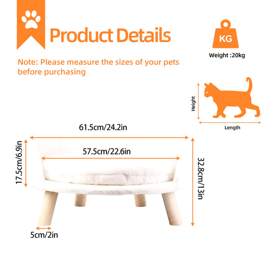 Luxury Cat Bed Soft Warm Plush Fabric Pet Nesting Chair Bed Stool Wood Legs with Cushion Pad Washable Waterproof for Small Pets