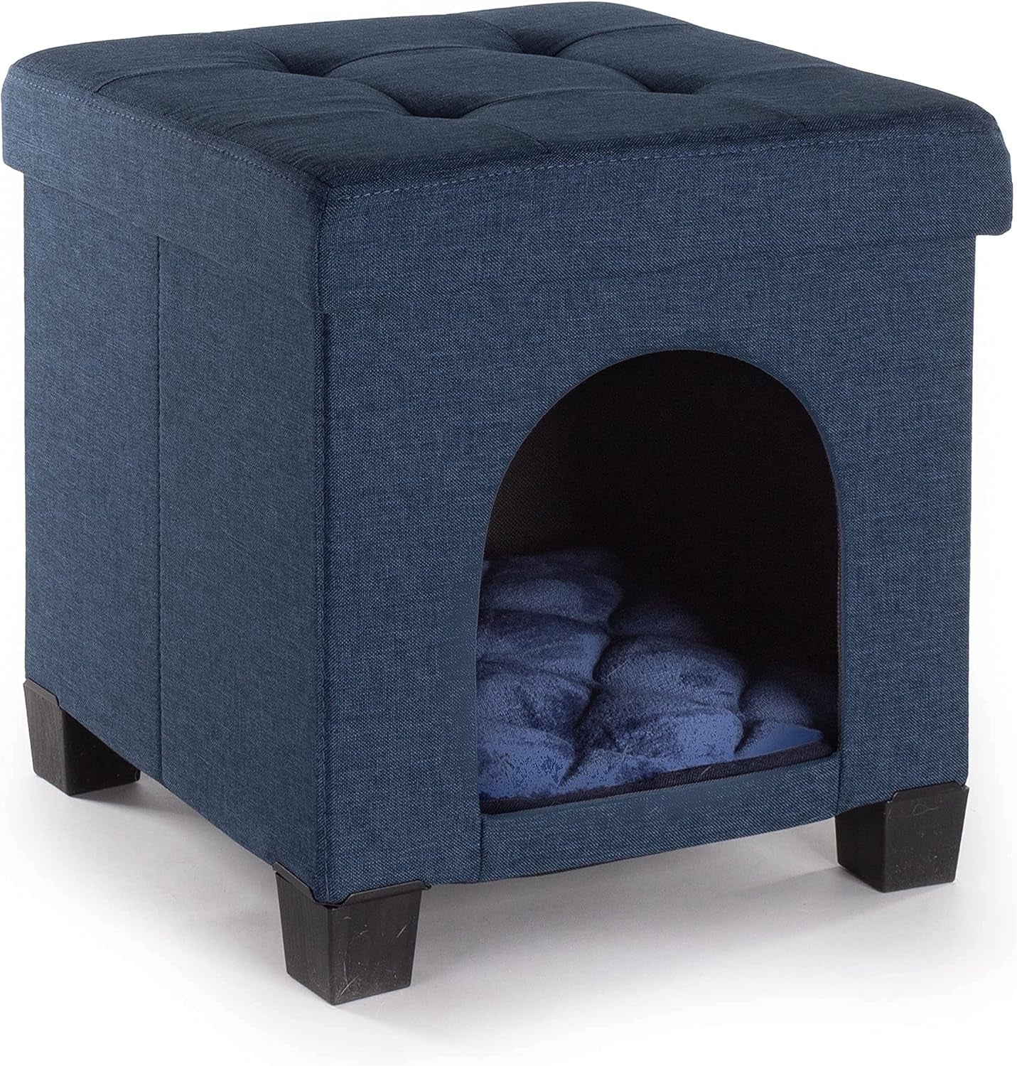 Cat Bed - Unique Pet House Ottoman with Tray Table - Folding Footrest Seat - Large Cat Cube Condo - Pet Beds for Cats and Small Dogs with Fully Washable Mat - Navy Cube 15.75X15.75