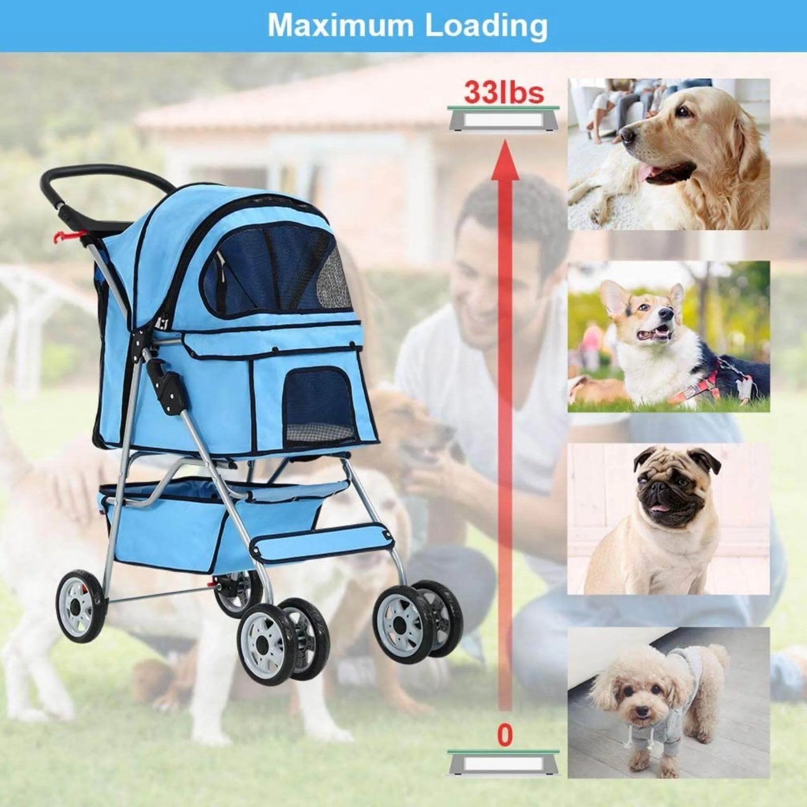 4 Wheels Pet Stroller Foldable Dog Stroller Cat Stroller with Cup Holders& Storage Basket for Small Medium Dogs, Blue