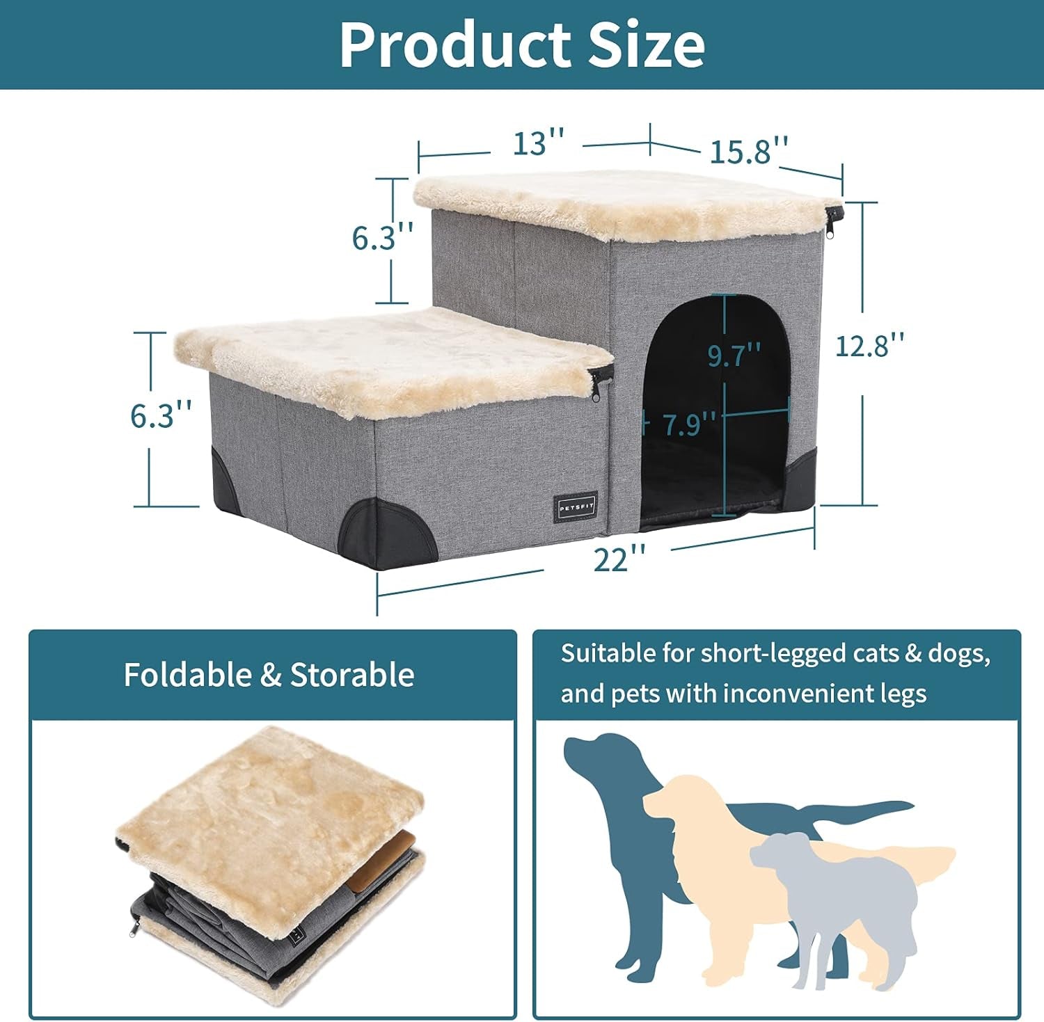 Cat Steps 3 in 1 Multi-Use with Storage Room, Dog Lounge Design, Washable and Removable Non-Slip Fleece Cover Dog Steps for Bed, Gray Linen