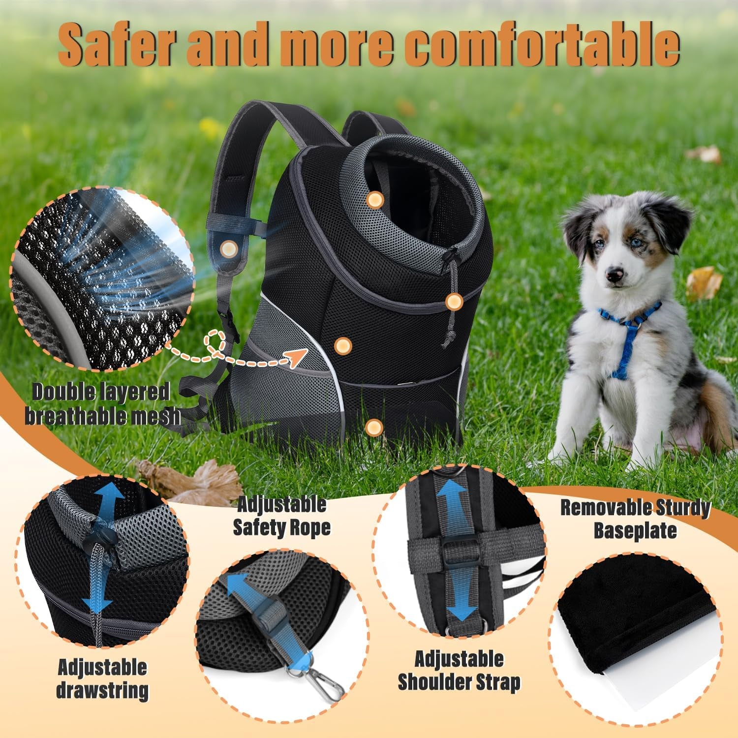 Dog Front Carrier Backpack, Adjustable Breathable Pet Carrier for Small Dogs, Ventilated Puppy Back Pack with Safety Belt, Lightweight Doggy Backpack for Hiking Outdoor (Black, M: 4.5-9 Lbs)
