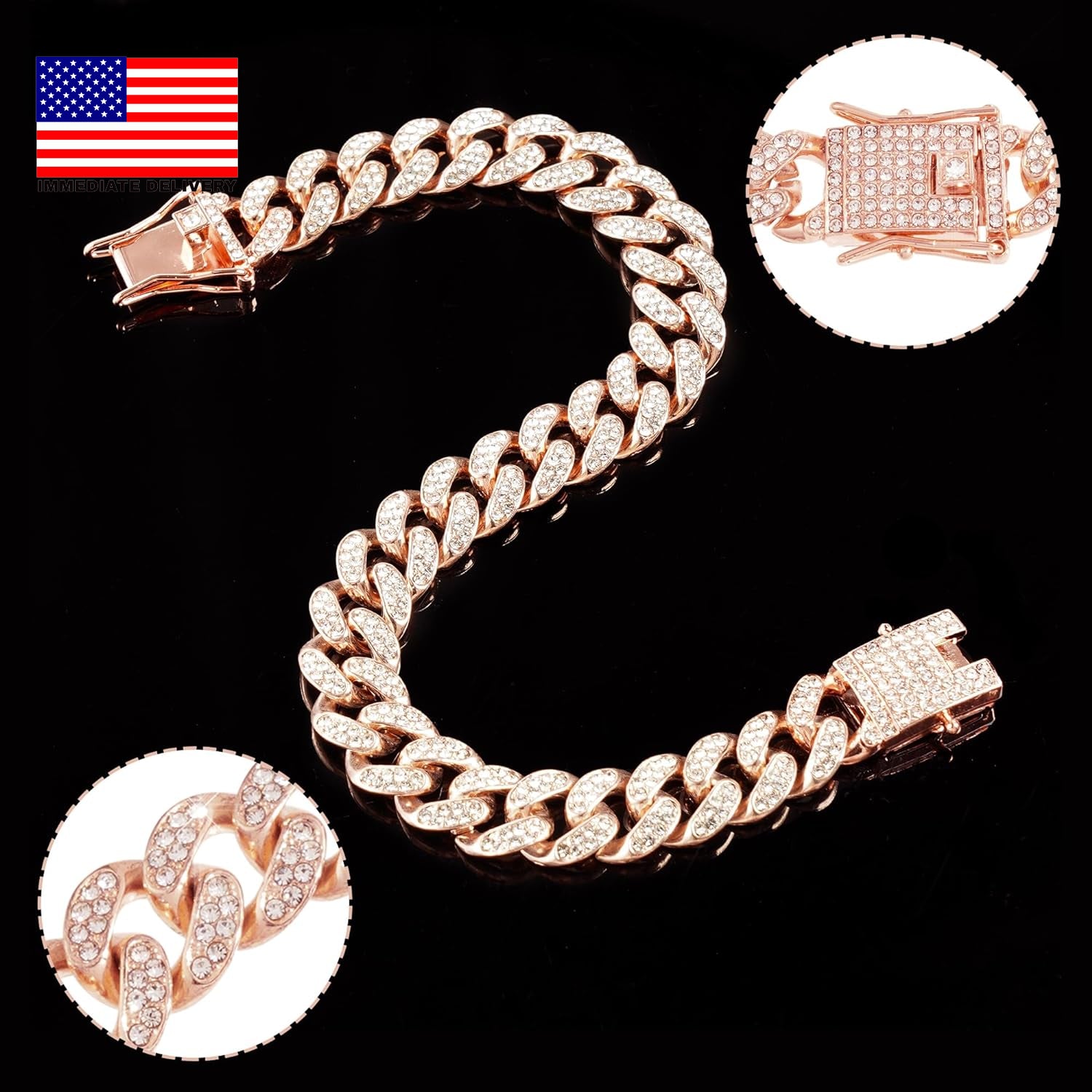 Dog Chain Cuban Diamond Link Rose Gold Pink Crystal Collar Jewelry Accessories P