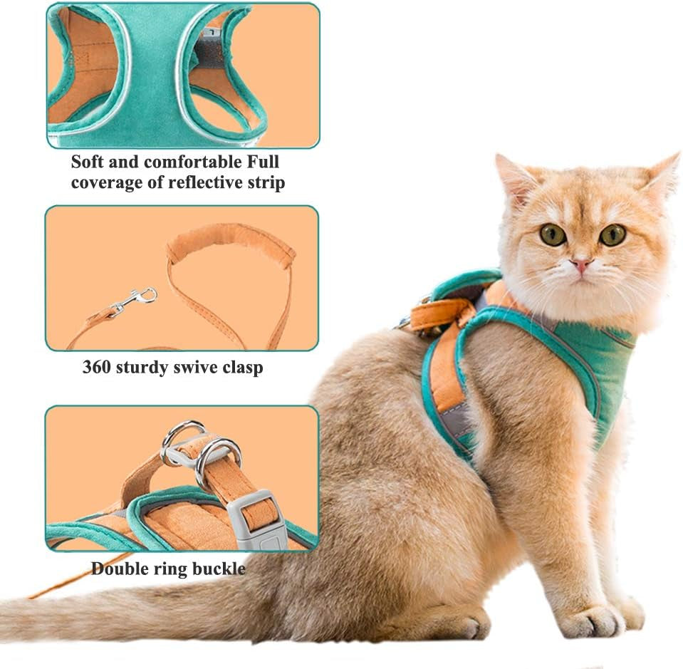 Cat Harness and Leash Set for Walking Escape Proof, Adjustable Kittens Vest with Reflective Strip for Cats Small Dogs Puppies, Soft and Comfortable Cat Outdoor Vest Jacket (Green, M)