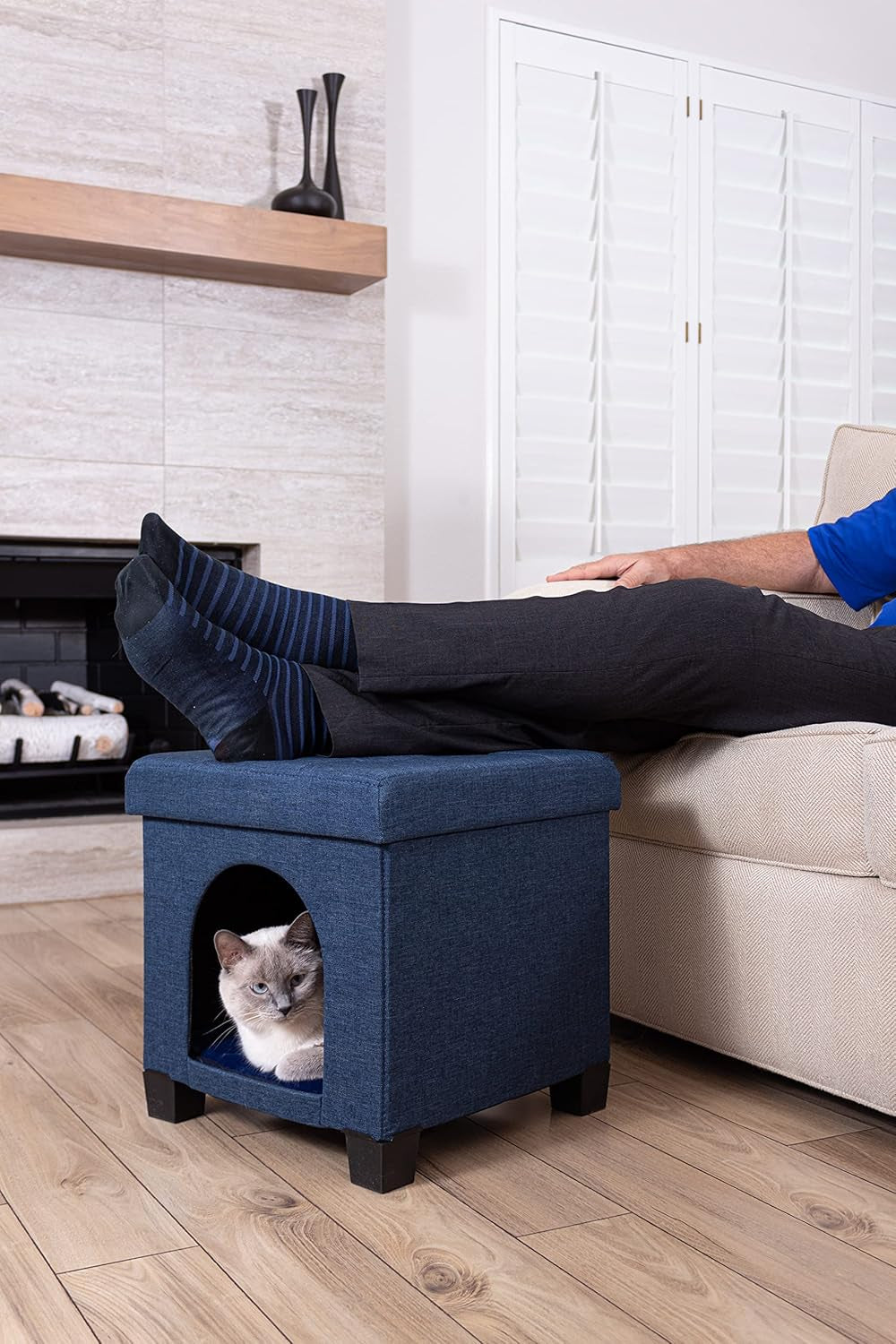 Cat Bed - Unique Pet House Ottoman with Tray Table - Folding Footrest Seat - Large Cat Cube Condo - Pet Beds for Cats and Small Dogs with Fully Washable Mat - Navy Cube 15.75X15.75