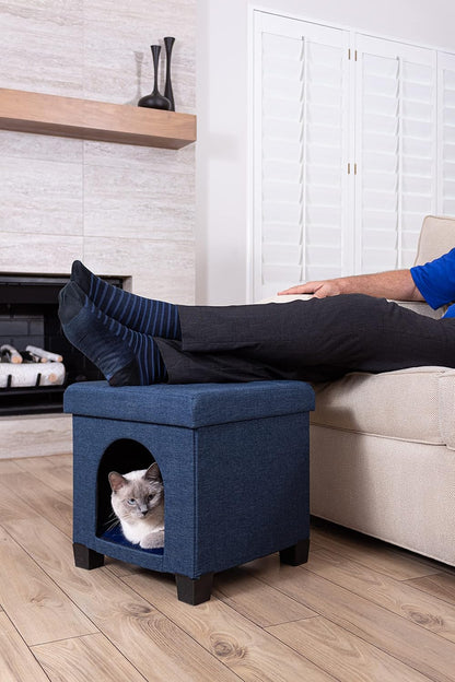 Cat Bed - Unique Pet House Ottoman with Tray Table - Folding Footrest Seat - Large Cat Cube Condo - Pet Beds for Cats and Small Dogs with Fully Washable Mat - Navy Cube 15.75X15.75