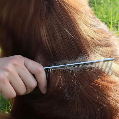 Dog Comb for Removing Matted Fur - Pet Dematting Comb with Rounded Teeth and Non-Slip Grip Handle - Prevents Knots and Mats for Long and Short Haired Pets (Round Handle, Bright Silver)
