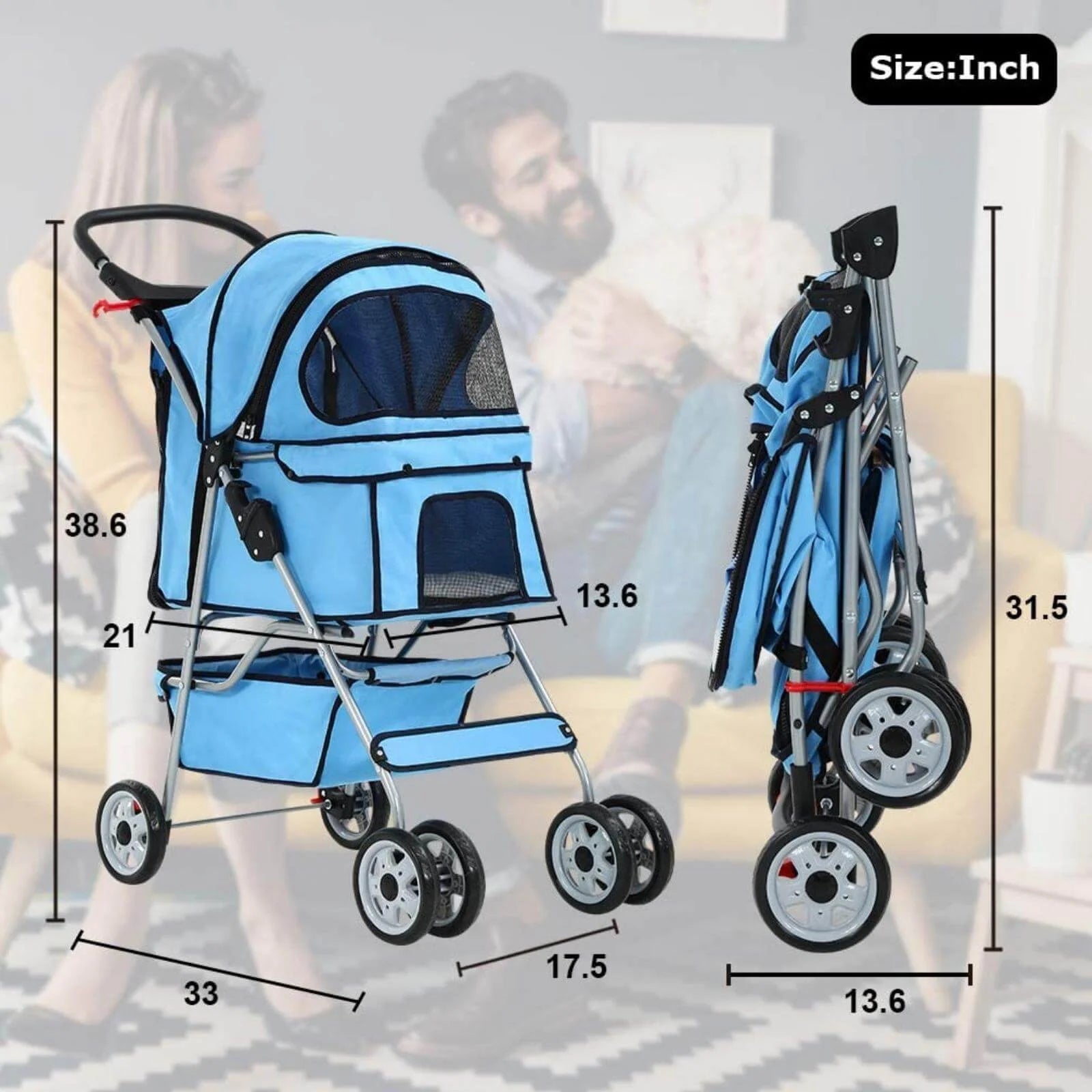 4 Wheels Pet Stroller Foldable Dog Stroller Cat Stroller with Cup Holders& Storage Basket for Small Medium Dogs, Blue