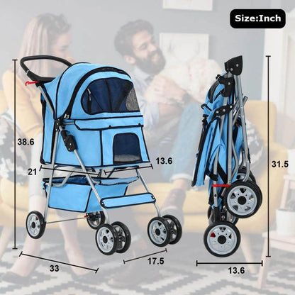 4 Wheels Pet Stroller Foldable Dog Stroller Cat Stroller with Cup Holders& Storage Basket for Small Medium Dogs, Blue